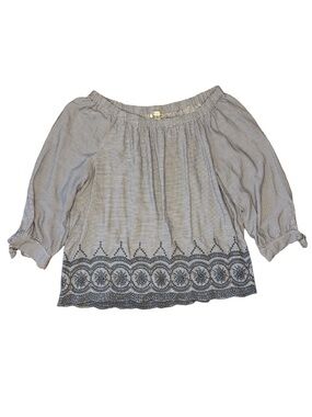 JohnPaulRichard Blue and White Striped Off-Shoulder Top with Embroidered Hem